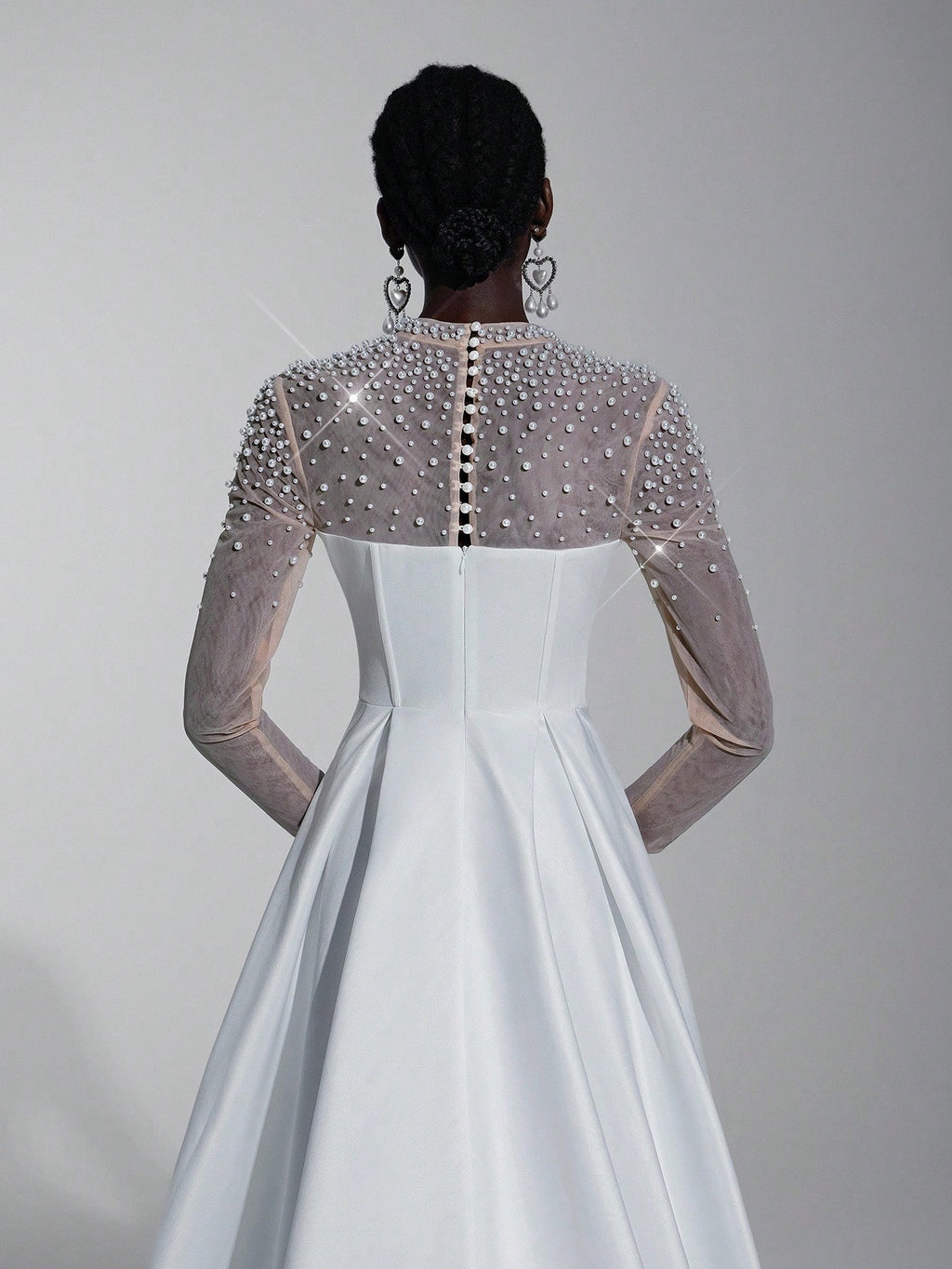 Elitara Elegant White Spring Formal Party Wedding Bridal Dress,See-Through Long Sleeves Satin Hand-Beaded - image 3