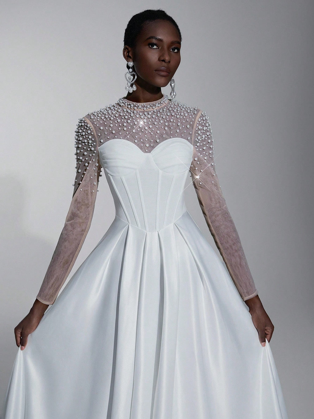 Elitara Elegant White Spring Formal Party Wedding Bridal Dress,See-Through Long Sleeves Satin Hand-Beaded - image 6
