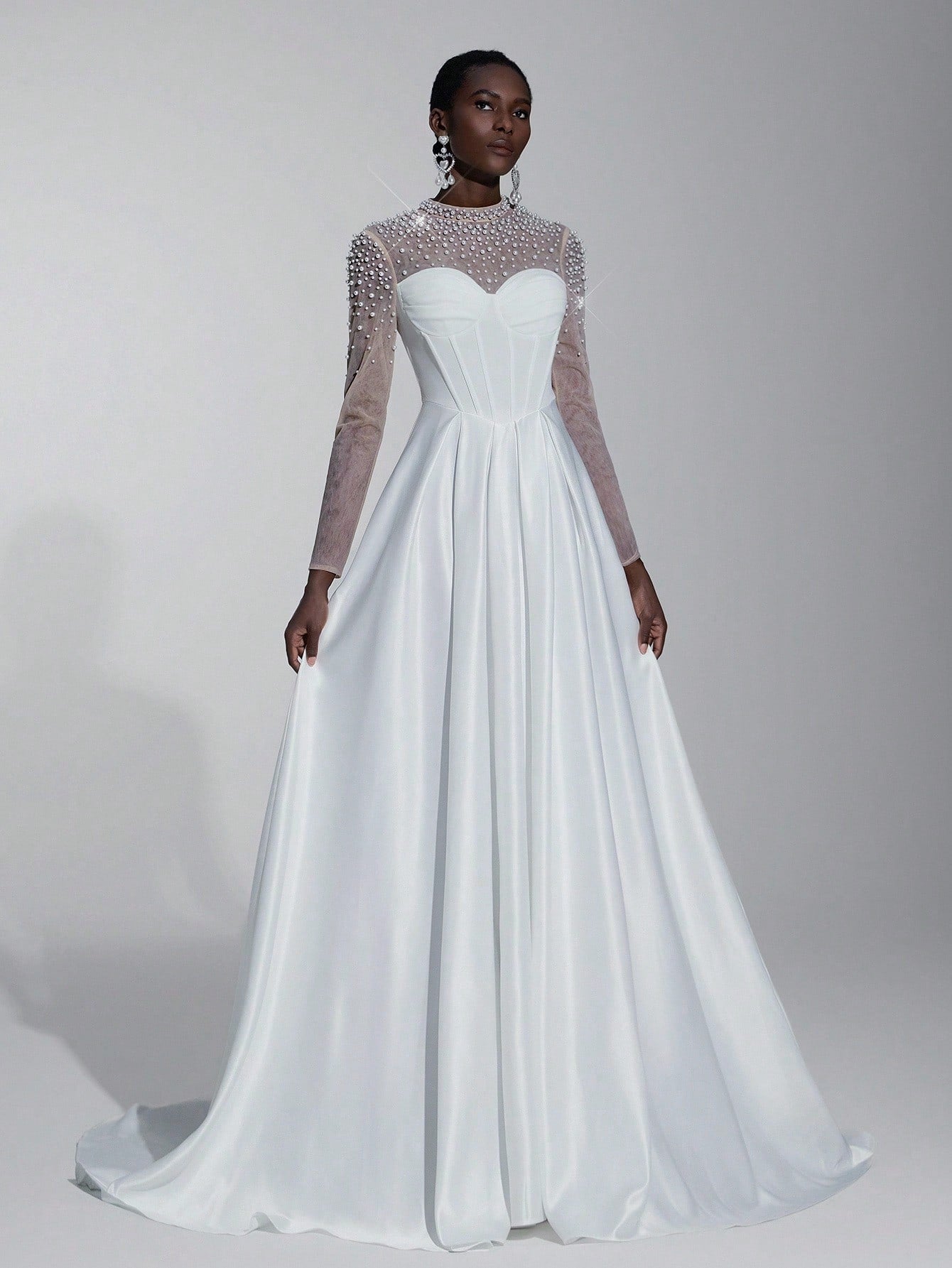 Elitara Elegant White Spring Formal Party Wedding Bridal Dress,See-Through Long Sleeves Satin Hand-Beaded - image 7