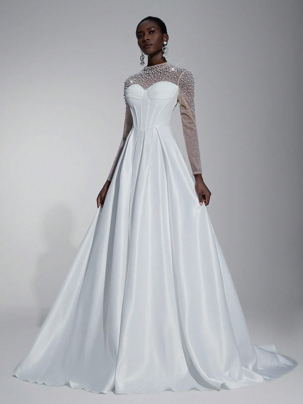 Elitara Elegant White Spring Formal Party Wedding Bridal Dress,See-Through Long Sleeves Satin Hand-Beaded - image 4