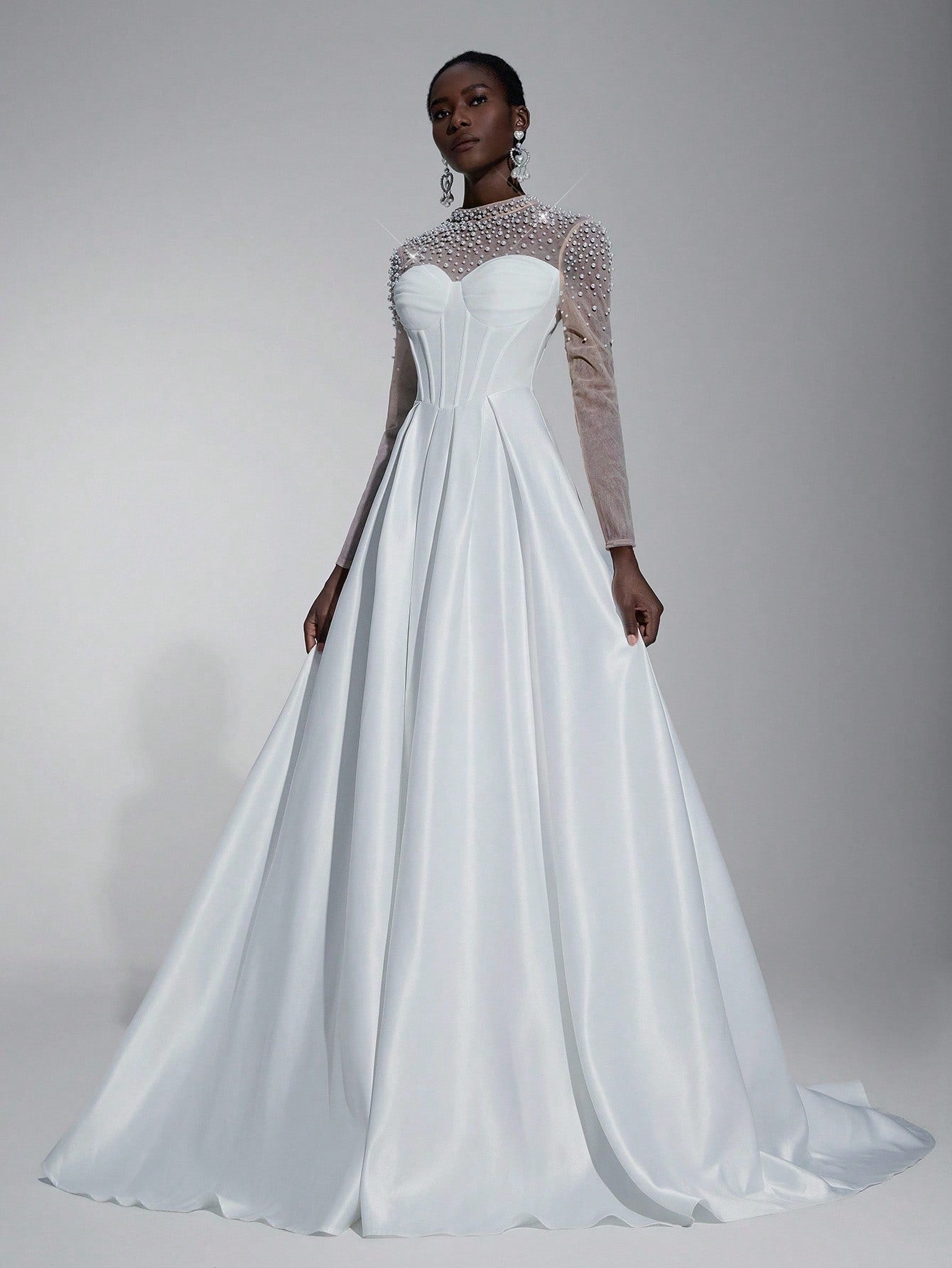 Elitara Elegant White Spring Formal Party Wedding Bridal Dress,See-Through Long Sleeves Satin Hand-Beaded - image 4
