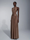 Elitara Mocha Summer Elegant Formal Event Prom Wedding, Minimalist Brown Halter Backless A-Line Dress For