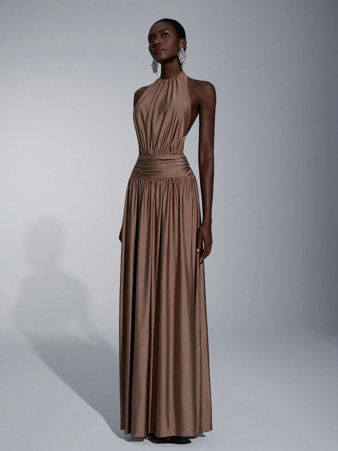 Elitara Mocha Summer Elegant Formal Event Prom Wedding, Minimalist Brown Halter Backless A-Line Dress For