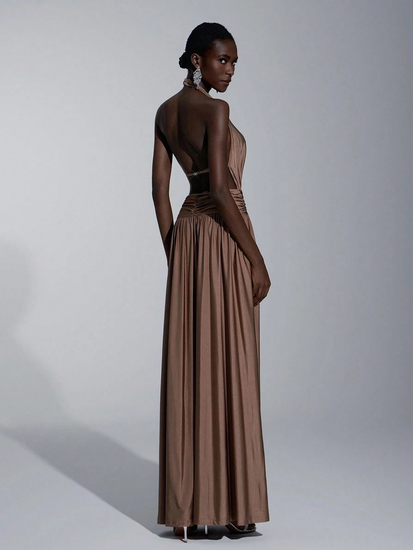 Elitara Mocha Summer Elegant Formal Event Prom Wedding, Minimalist Brown Halter Backless A-Line Dress For - image 2