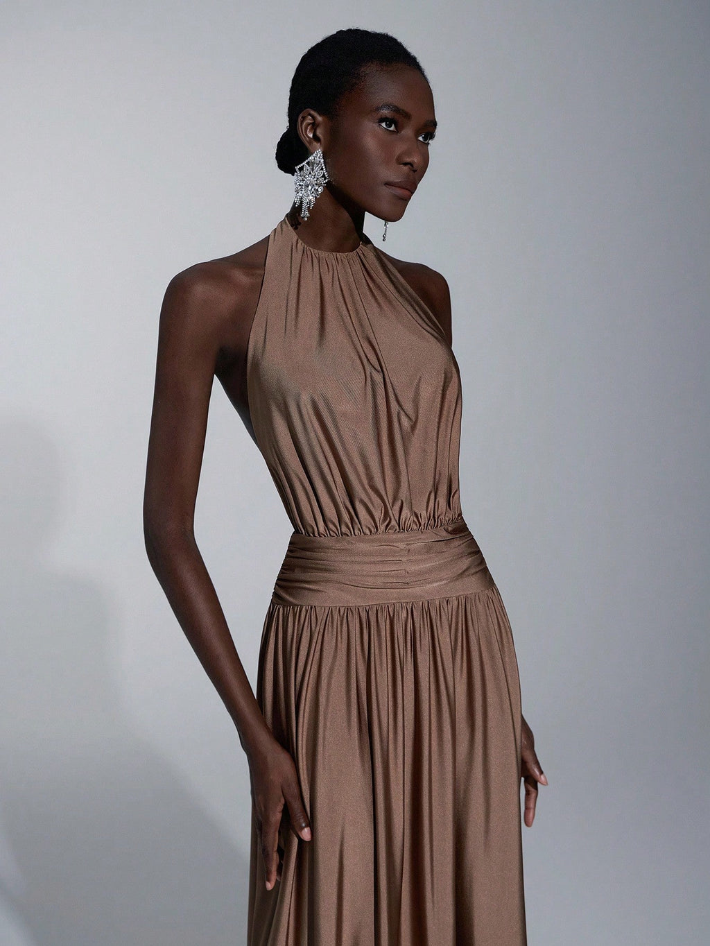 Elitara Mocha Summer Elegant Formal Event Prom Wedding, Minimalist Brown Halter Backless A-Line Dress For - image 3