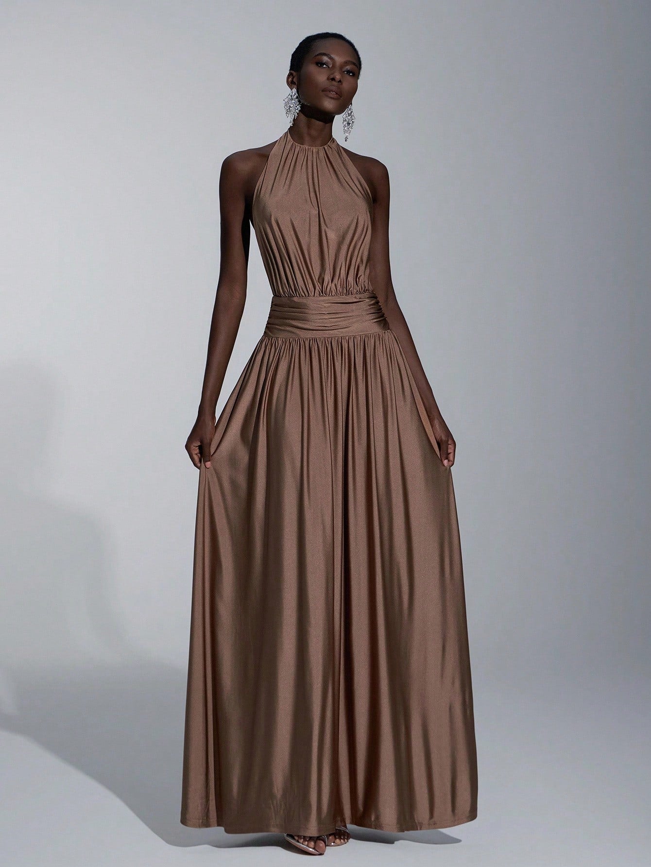 Elitara Mocha Summer Elegant Formal Event Prom Wedding, Minimalist Brown Halter Backless A-Line Dress For - image 4