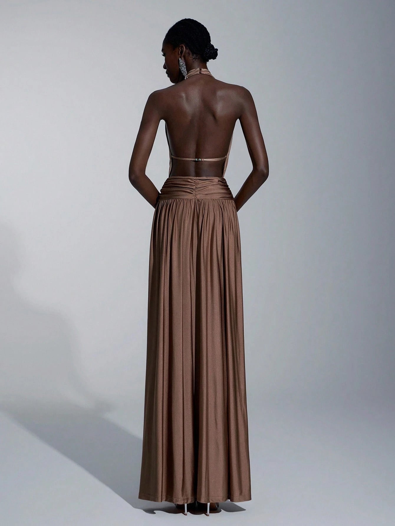 Elitara Mocha Summer Elegant Formal Event Prom Wedding, Minimalist Brown Halter Backless A-Line Dress For - image 6