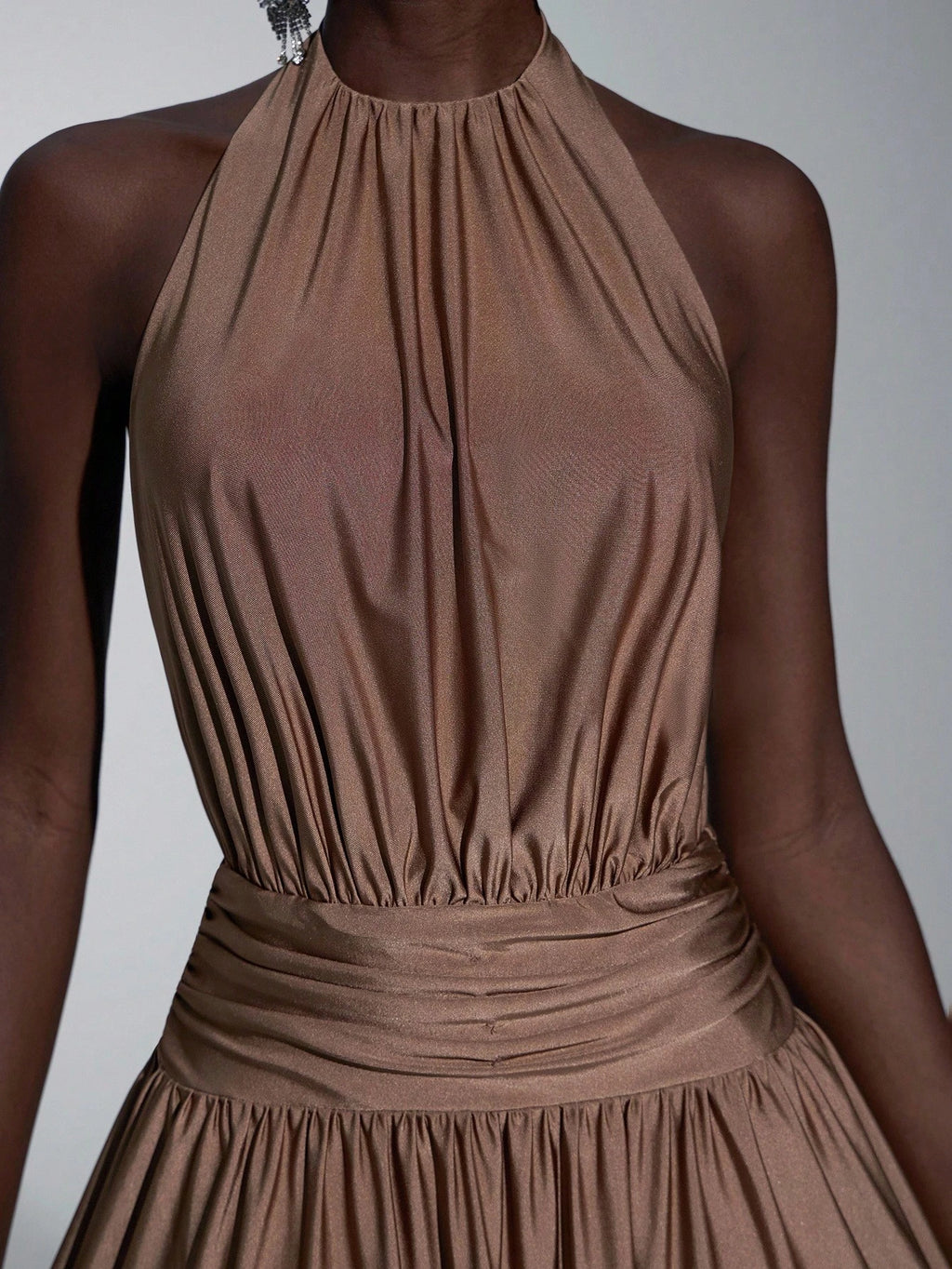 Elitara Mocha Summer Elegant Formal Event Prom Wedding, Minimalist Brown Halter Backless A-Line Dress For - image 7