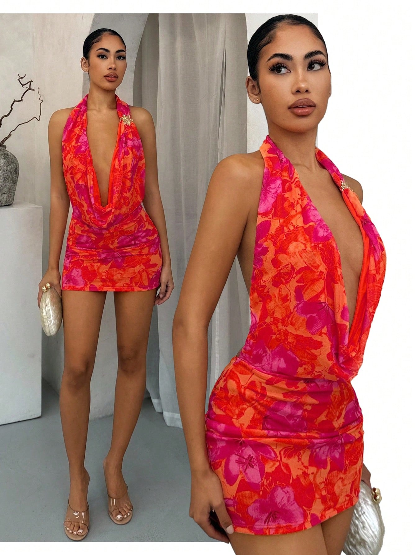 SXY Floral Print Metal Decor Low-Cut Backless Halter Dress,Women's