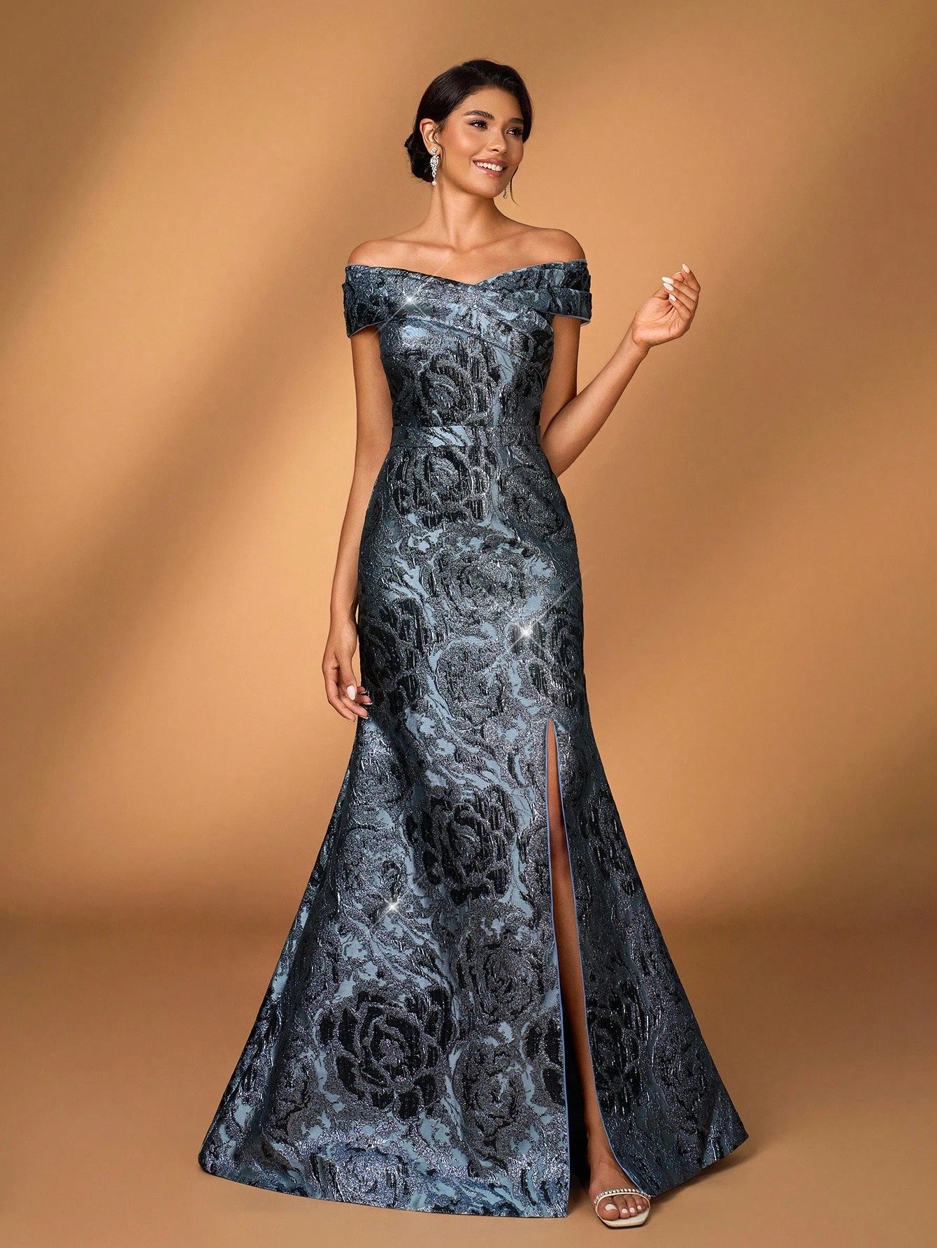 Serin Blue Spring Formal Elegant Evening Luxurious 3D Floral Off-Shoulder Mermaid Dress With Slit,Jacquard - image 4