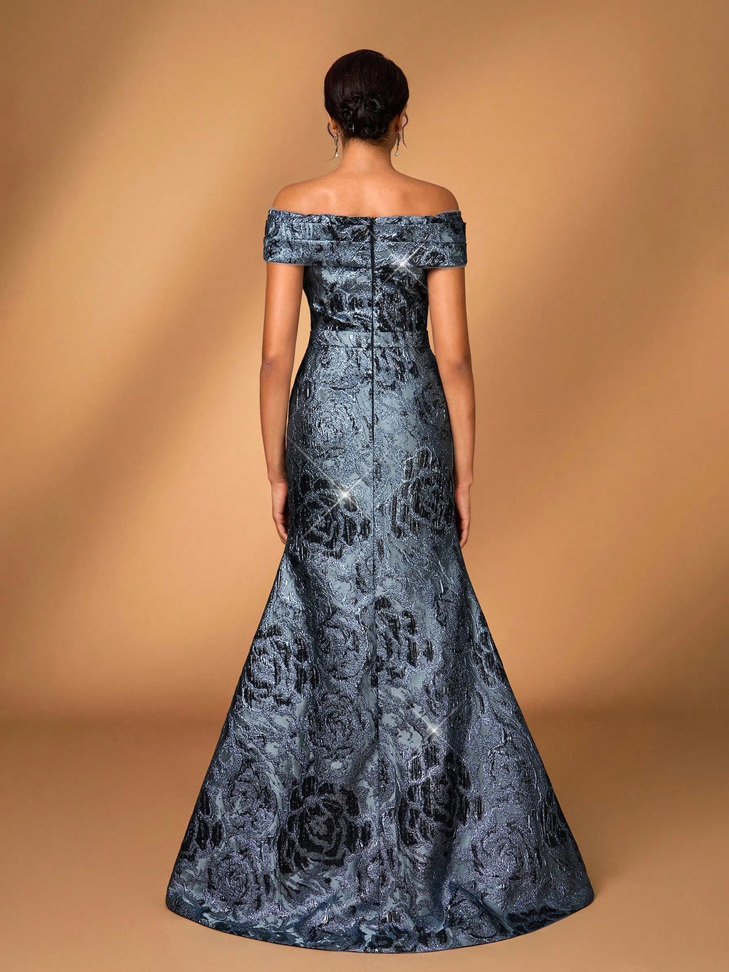 Serin Blue Spring Formal Elegant Evening Luxurious 3D Floral Off-Shoulder Mermaid Dress With Slit,Jacquard - image 3