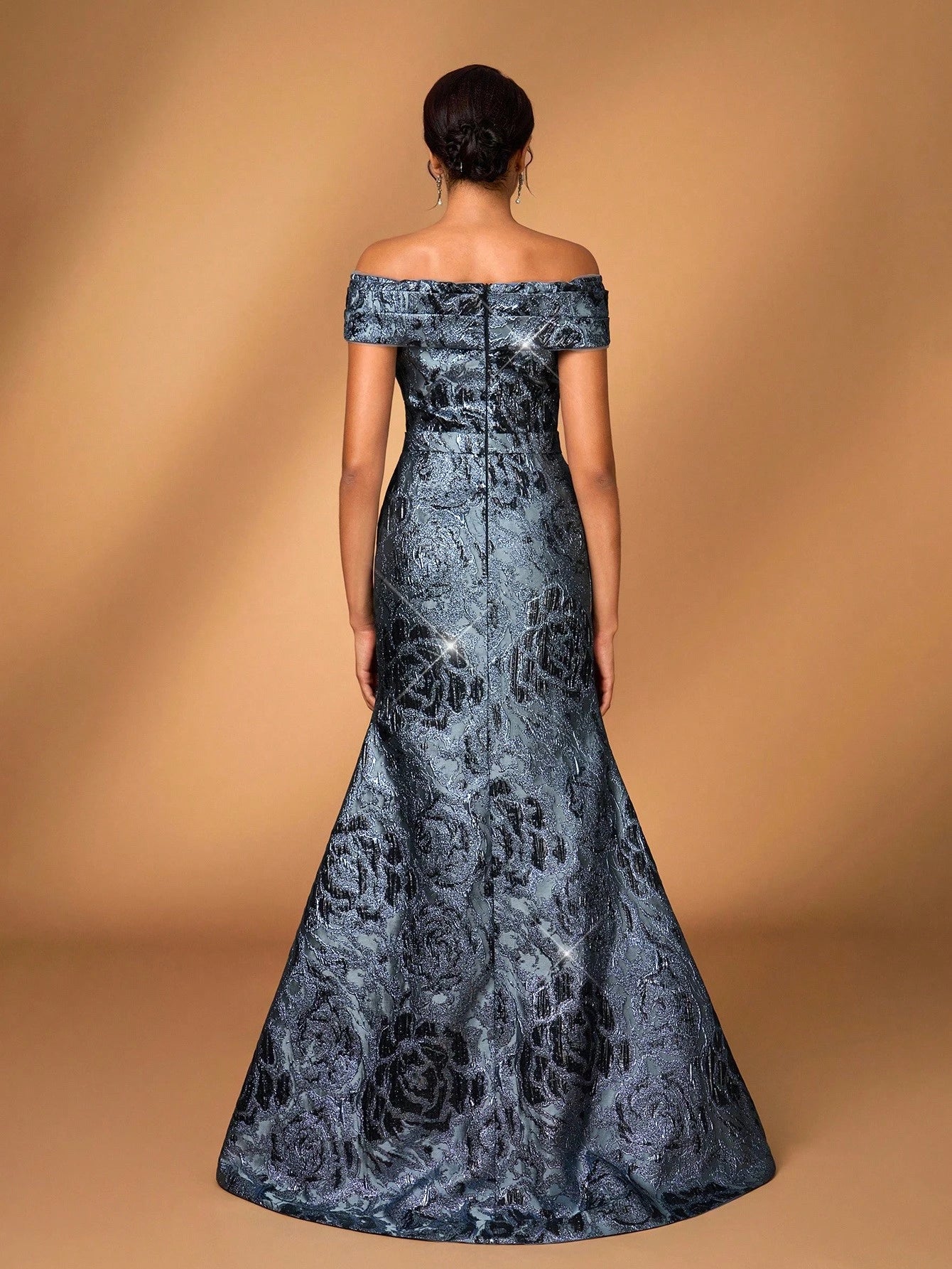 Serin Blue Spring Formal Elegant Evening Luxurious 3D Floral Off-Shoulder Mermaid Dress With Slit,Jacquard - image 3