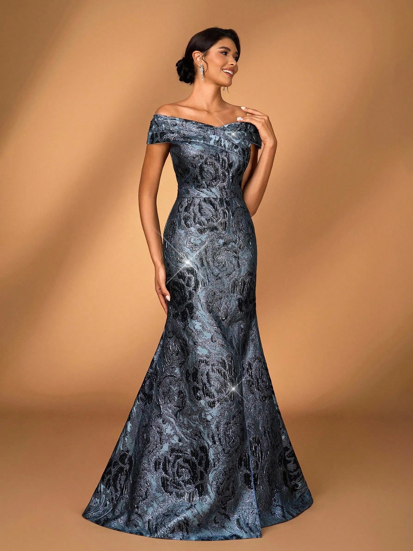 Serin Blue Spring Formal Elegant Evening Luxurious 3D Floral Off-Shoulder Mermaid Dress With Slit,Jacquard