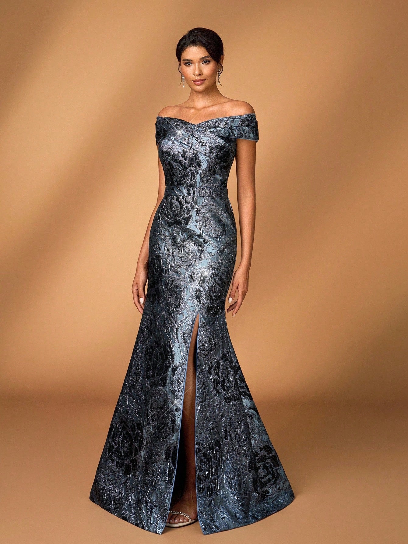 Serin Blue Spring Formal Elegant Evening Luxurious 3D Floral Off-Shoulder Mermaid Dress With Slit,Jacquard - image 5