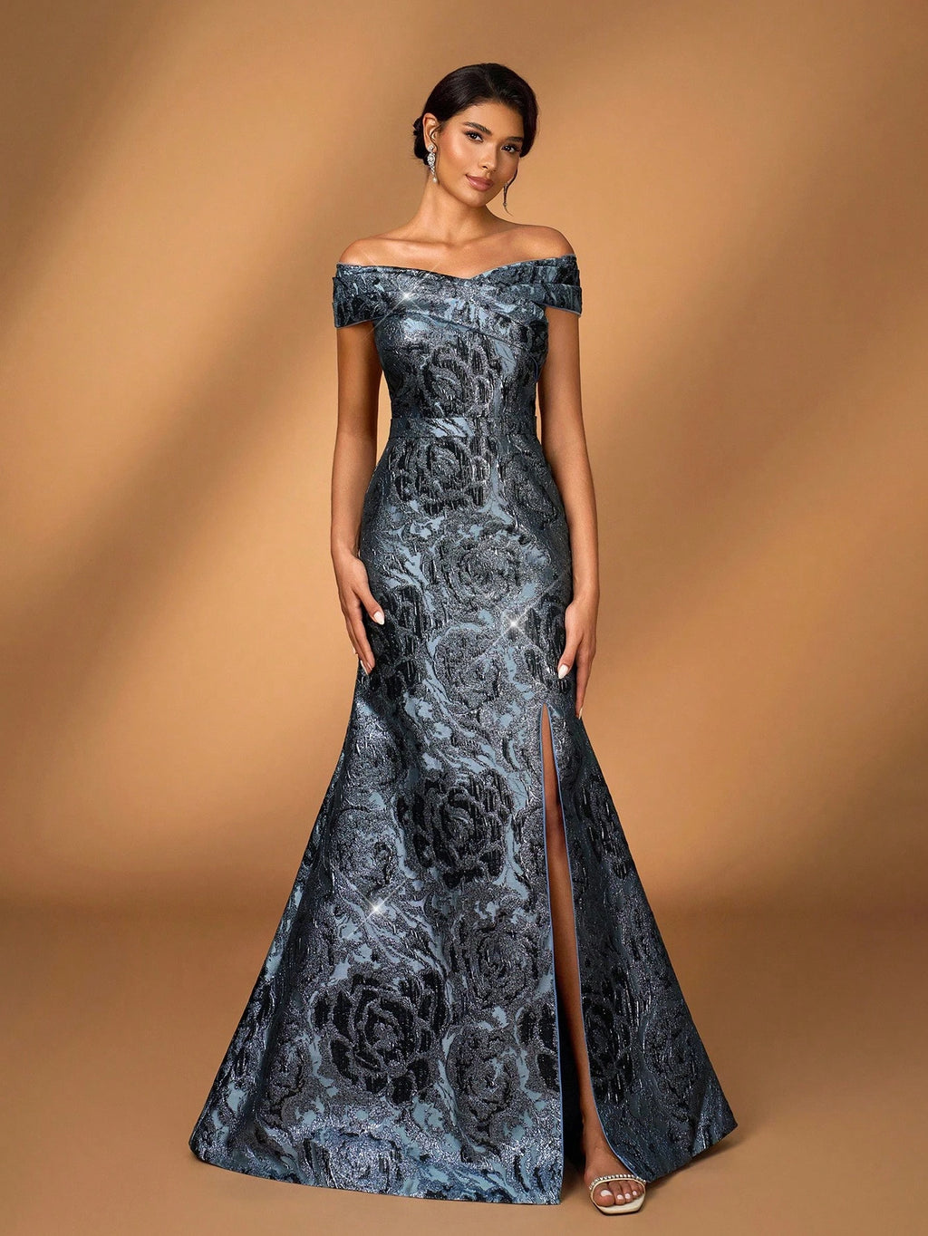 Serin Blue Spring Formal Elegant Evening Luxurious 3D Floral Off-Shoulder Mermaid Dress With Slit,Jacquard - image 7