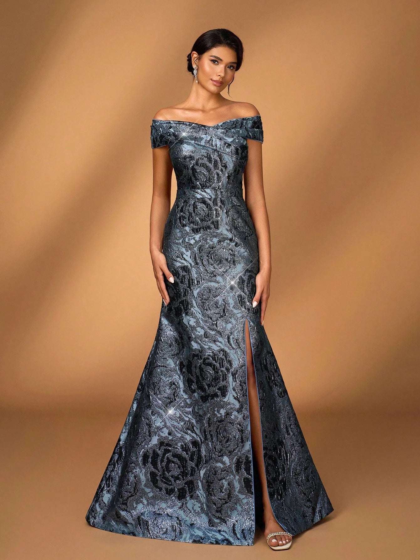 Serin Blue Spring Formal Elegant Evening Luxurious 3D Floral Off-Shoulder Mermaid Dress With Slit,Jacquard - image 7