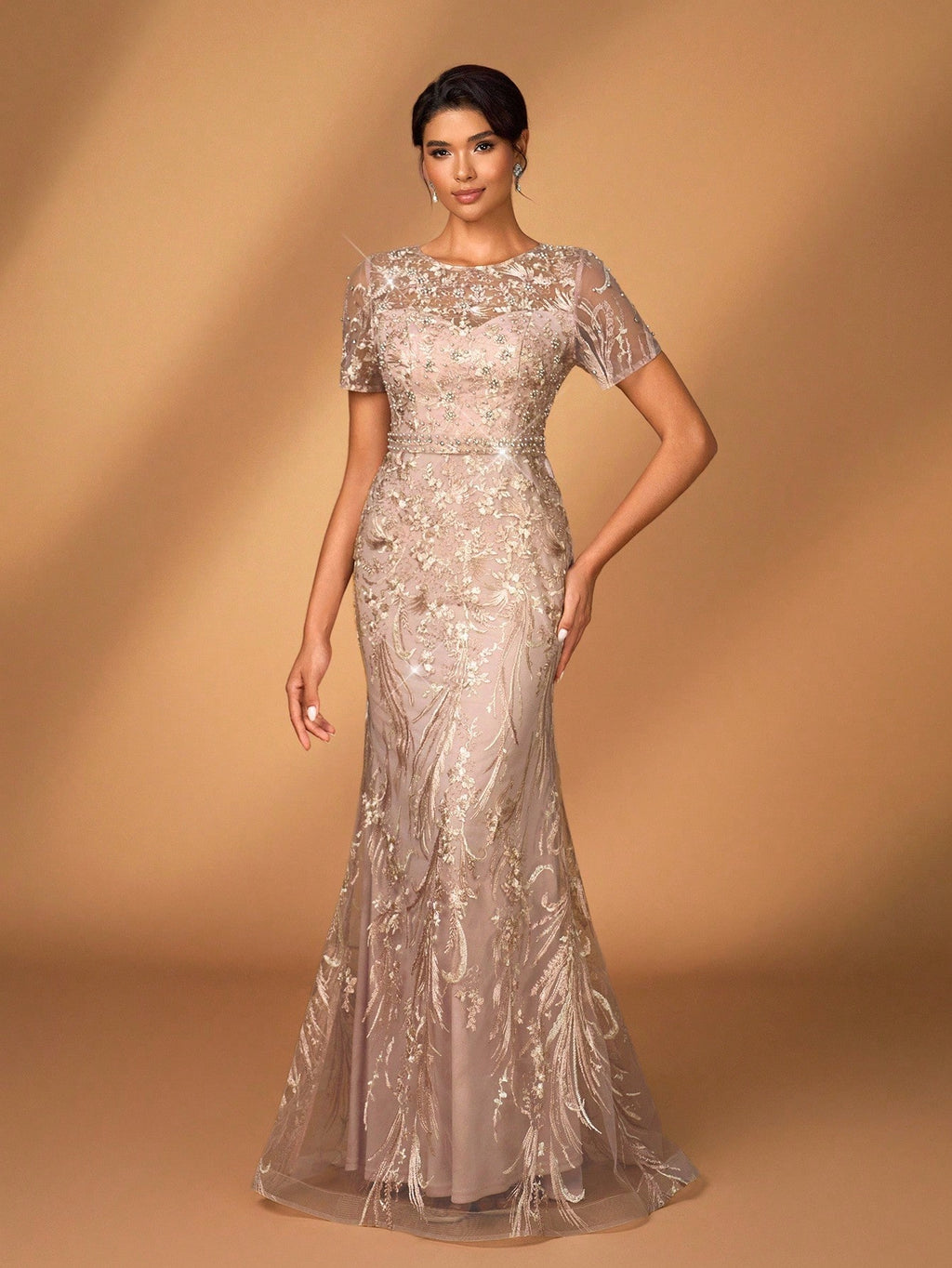 Serin Elegant Luxurious Embroidered Lace Sequin Floral Dusty Pink Dress,Summer Evening Wedding Gown,Faux - image 9