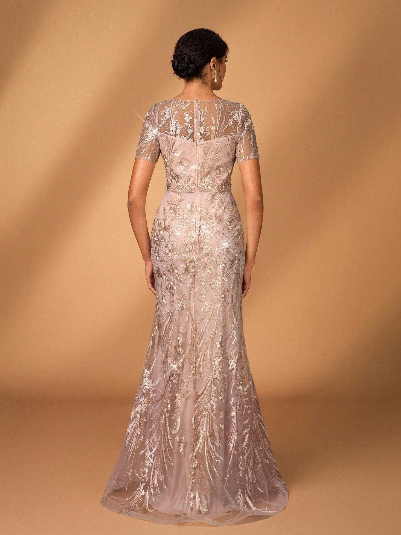 Serin Elegant Luxurious Embroidered Lace Sequin Floral Dusty Pink Dress,Summer Evening Wedding Gown,Faux - image 10