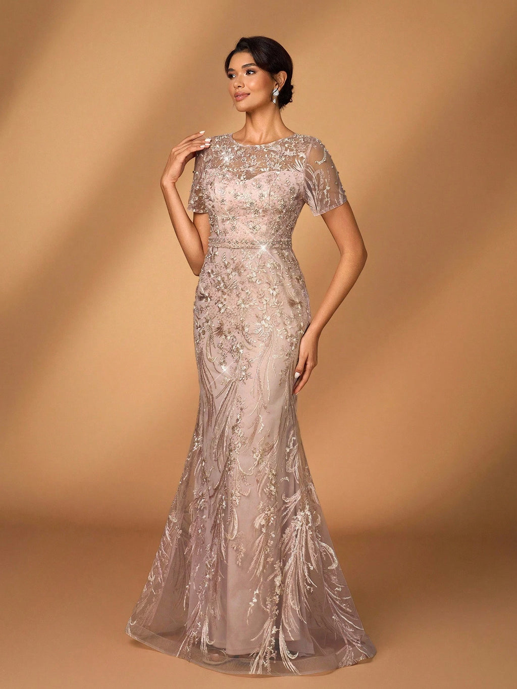 Serin Elegant Luxurious Embroidered Lace Sequin Floral Dusty Pink Dress,Summer Evening Wedding Gown,Faux - image 11