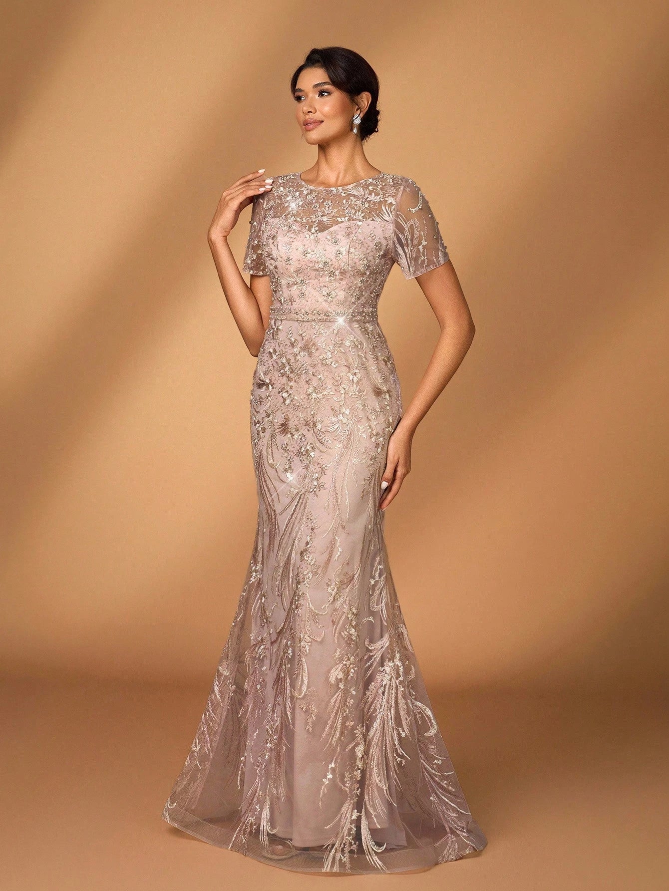 Serin Elegant Luxurious Embroidered Lace Sequin Floral Dusty Pink Dress,Summer Evening Wedding Gown,Faux - image 11