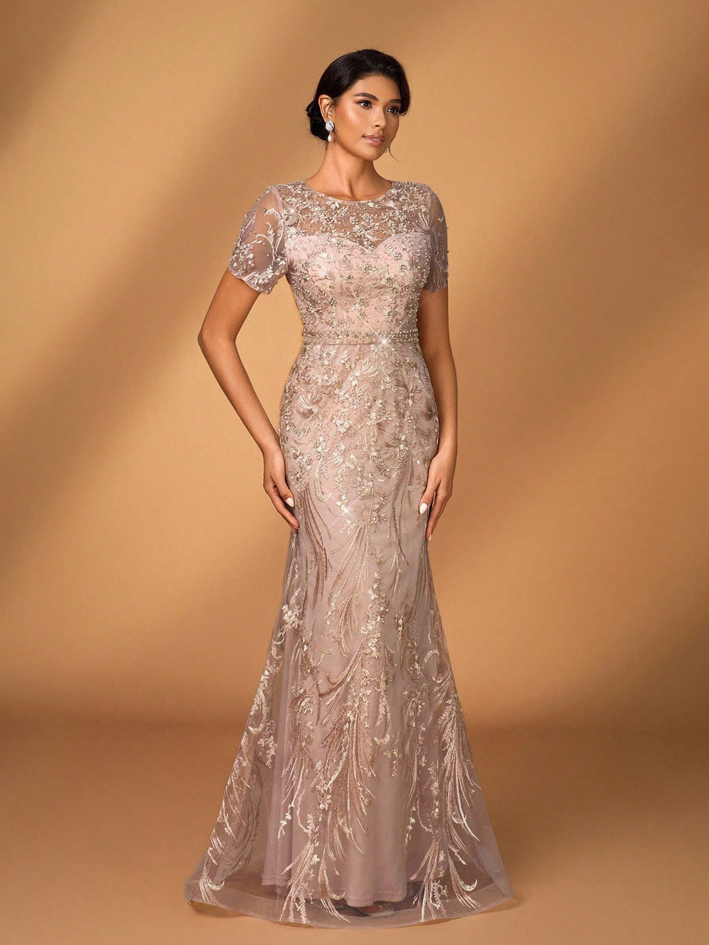 Serin Elegant Luxurious Embroidered Lace Sequin Floral Dusty Pink Dress,Summer Evening Wedding Gown,Faux - image 12