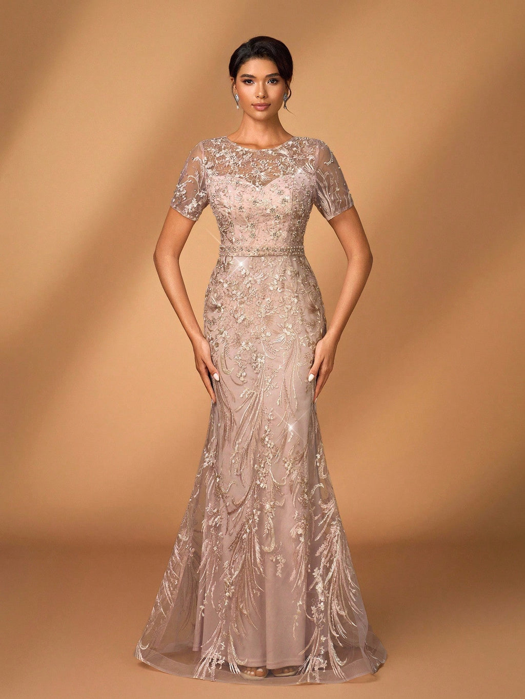 Serin Elegant Luxurious Embroidered Lace Sequin Floral Dusty Pink Dress,Summer Evening Wedding Gown,Faux - image 13