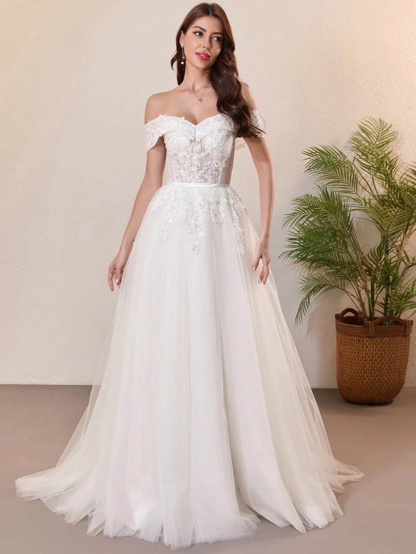 Elegant Lace Pearl Decor Off-Shoulder Wedding Dress White Spring - image 7