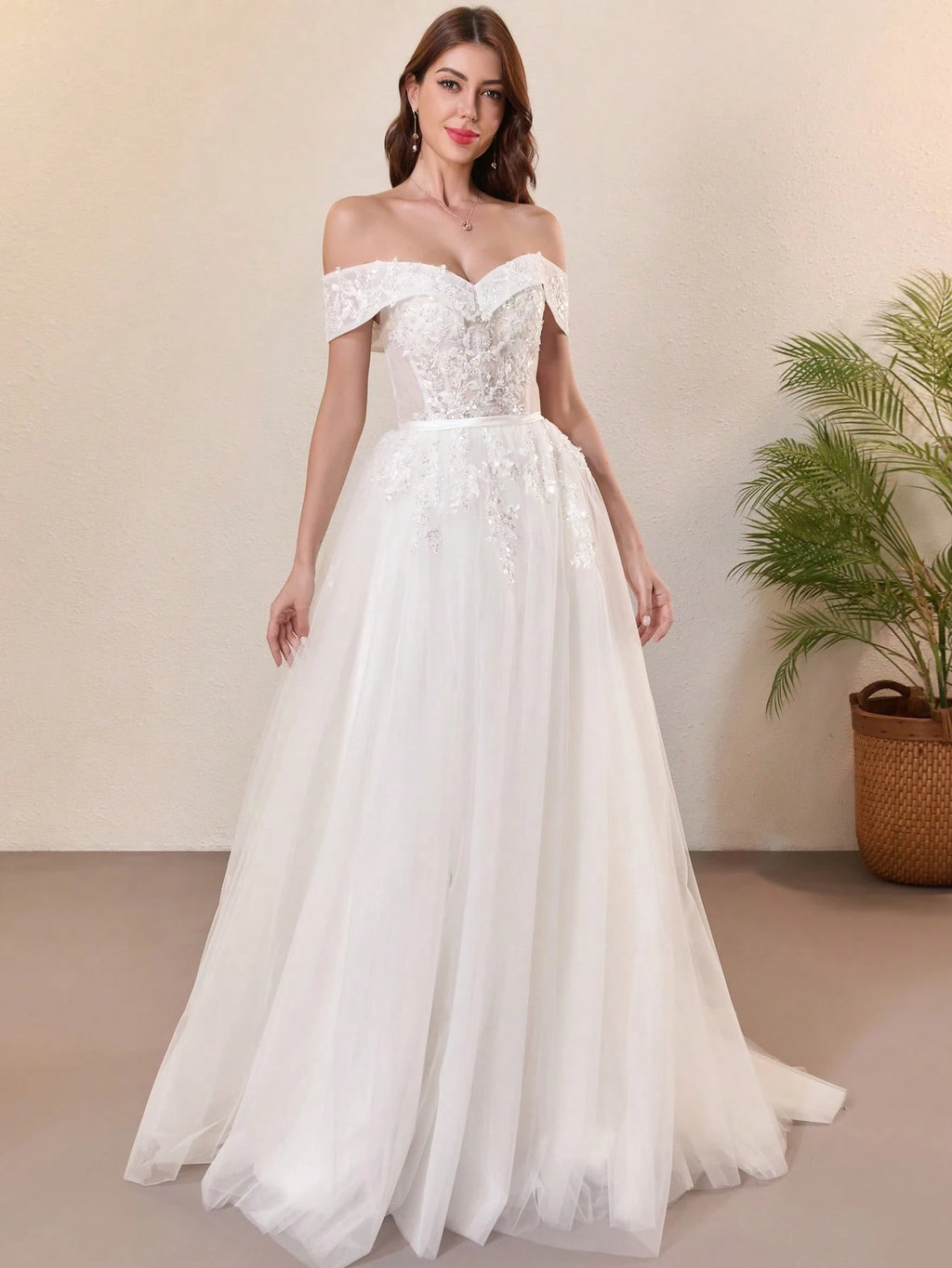 Elegant Lace Pearl Decor Off-Shoulder Wedding Dress White Spring - image 4