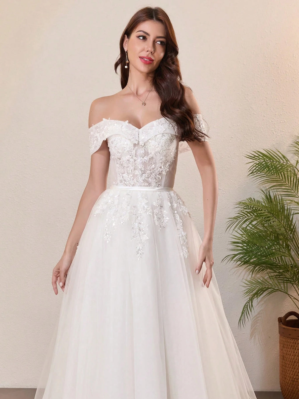 Elegant Lace Pearl Decor Off-Shoulder Wedding Dress White Spring - image 6