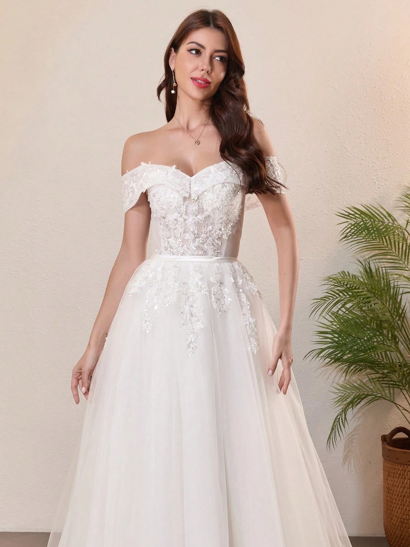 Elegant Lace Pearl Decor Off-Shoulder Wedding Dress White Spring - image 6
