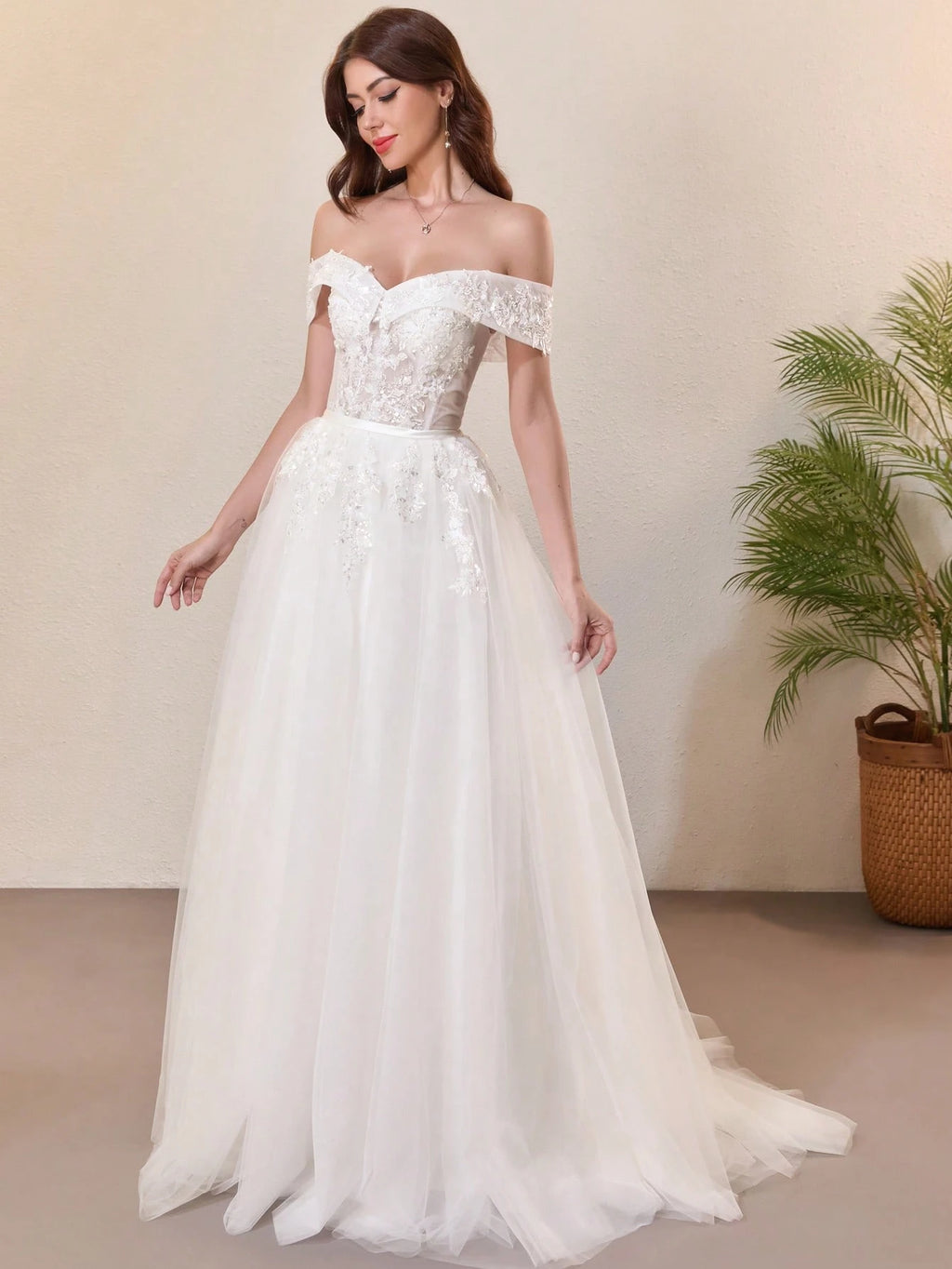 Elegant Lace Pearl Decor Off-Shoulder Wedding Dress White Spring - image 2