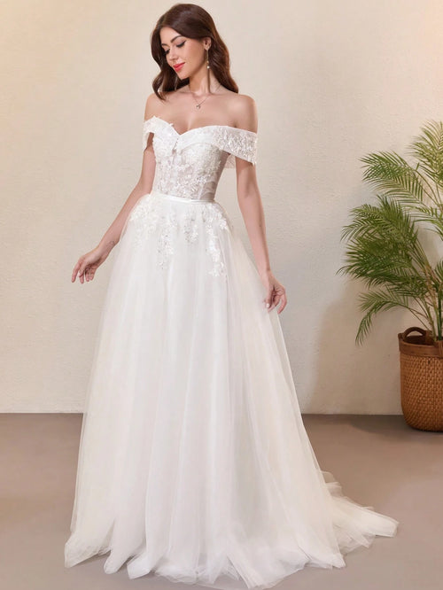 Elegant Lace Pearl Decor Off-Shoulder Wedding Dress White Spring - image 2