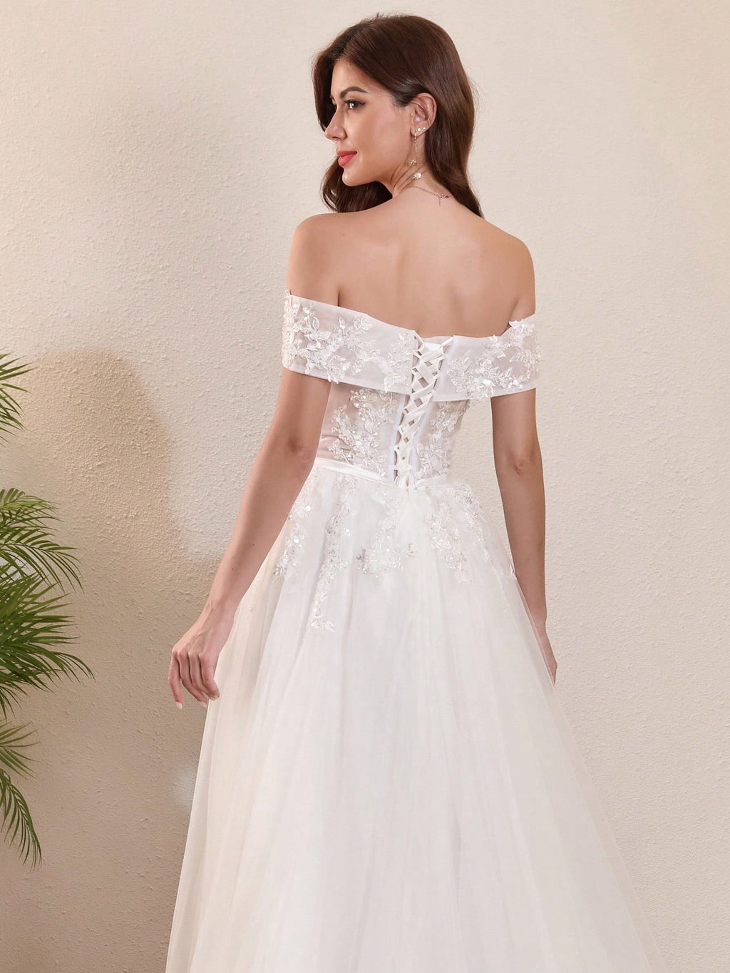 Elegant Lace Pearl Decor Off-Shoulder Wedding Dress White Spring - image 3