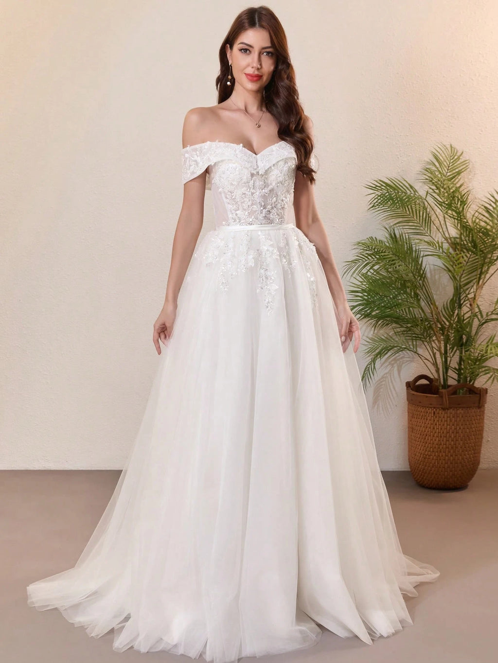 Elegant Lace Pearl Decor Off-Shoulder Wedding Dress White Spring - image 5