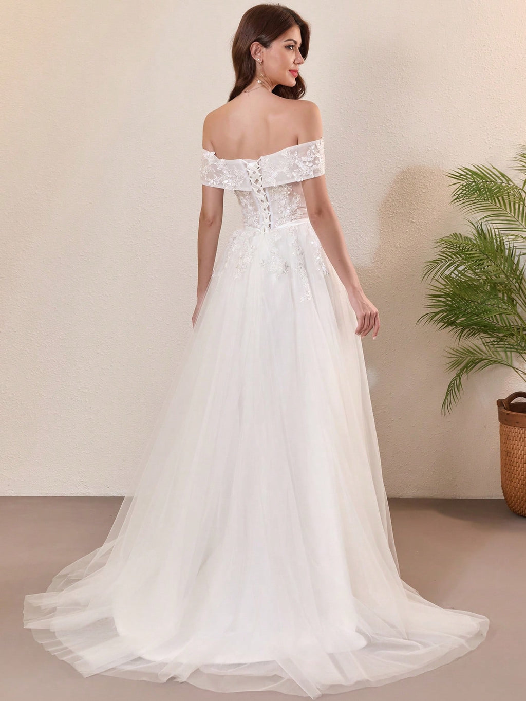 Elegant Lace Pearl Decor Off-Shoulder Wedding Dress White Spring - image 8