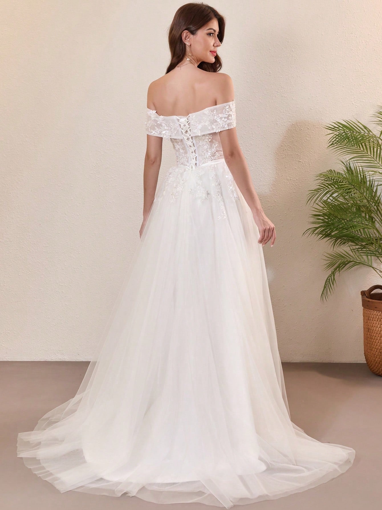 Elegant Lace Pearl Decor Off-Shoulder Wedding Dress White Spring - image 8