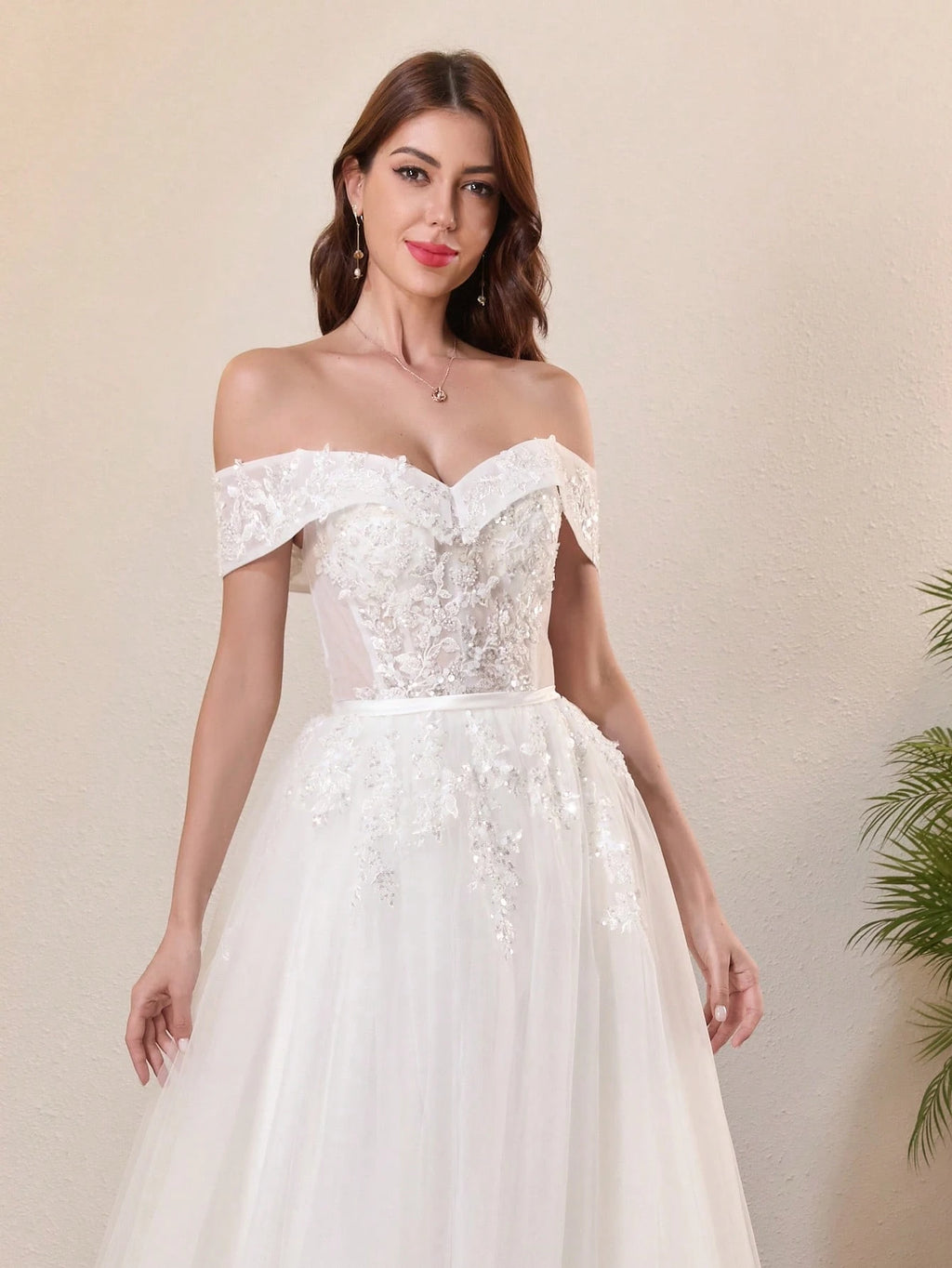 Elegant Lace Pearl Decor Off-Shoulder Wedding Dress White Spring