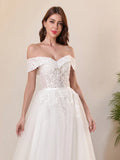 Elegant Lace Pearl Decor Off-Shoulder Wedding Dress White Spring