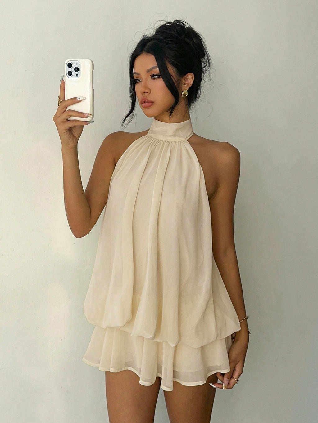 Aloruh Women's Elegant Light Yellow Halter Tie Mini Dress,Dresses For