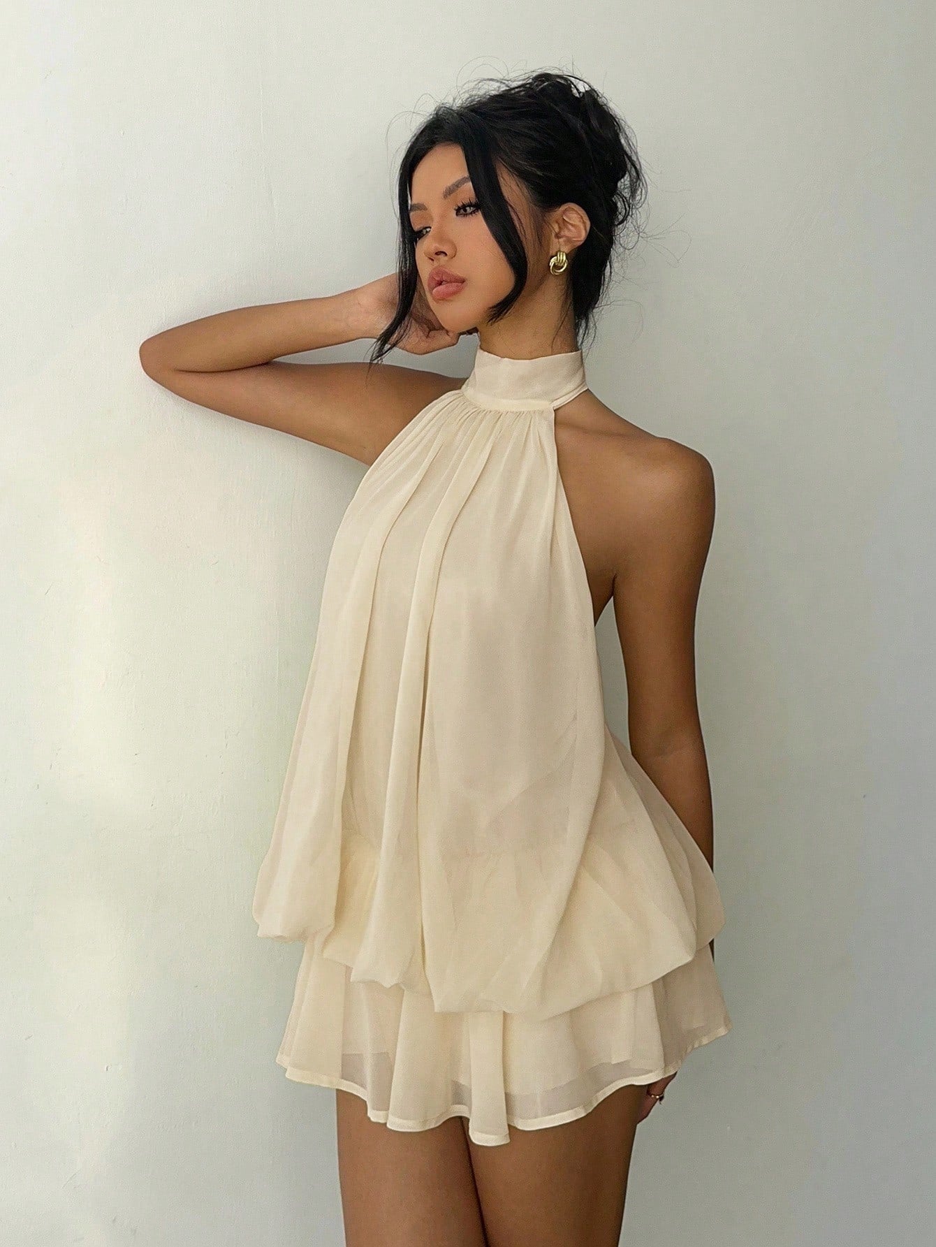 Aloruh Women's Elegant Light Yellow Halter Tie Mini Dress,Dresses For