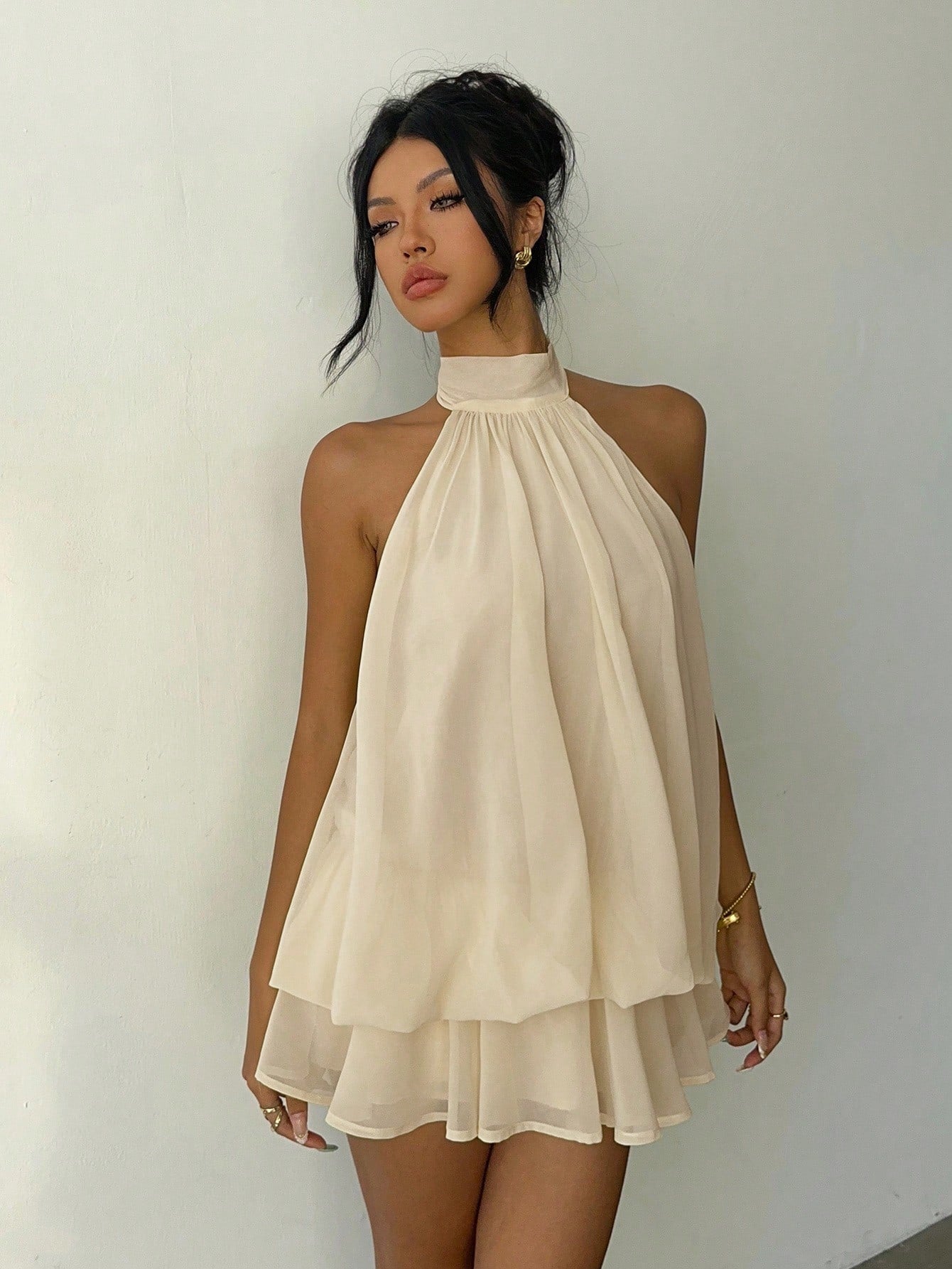 Aloruh Women's Elegant Light Yellow Halter Tie Mini Dress,Dresses For