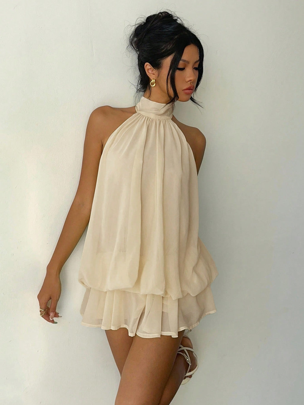 Aloruh Women's Elegant Light Yellow Halter Tie Mini Dress,Dresses For
