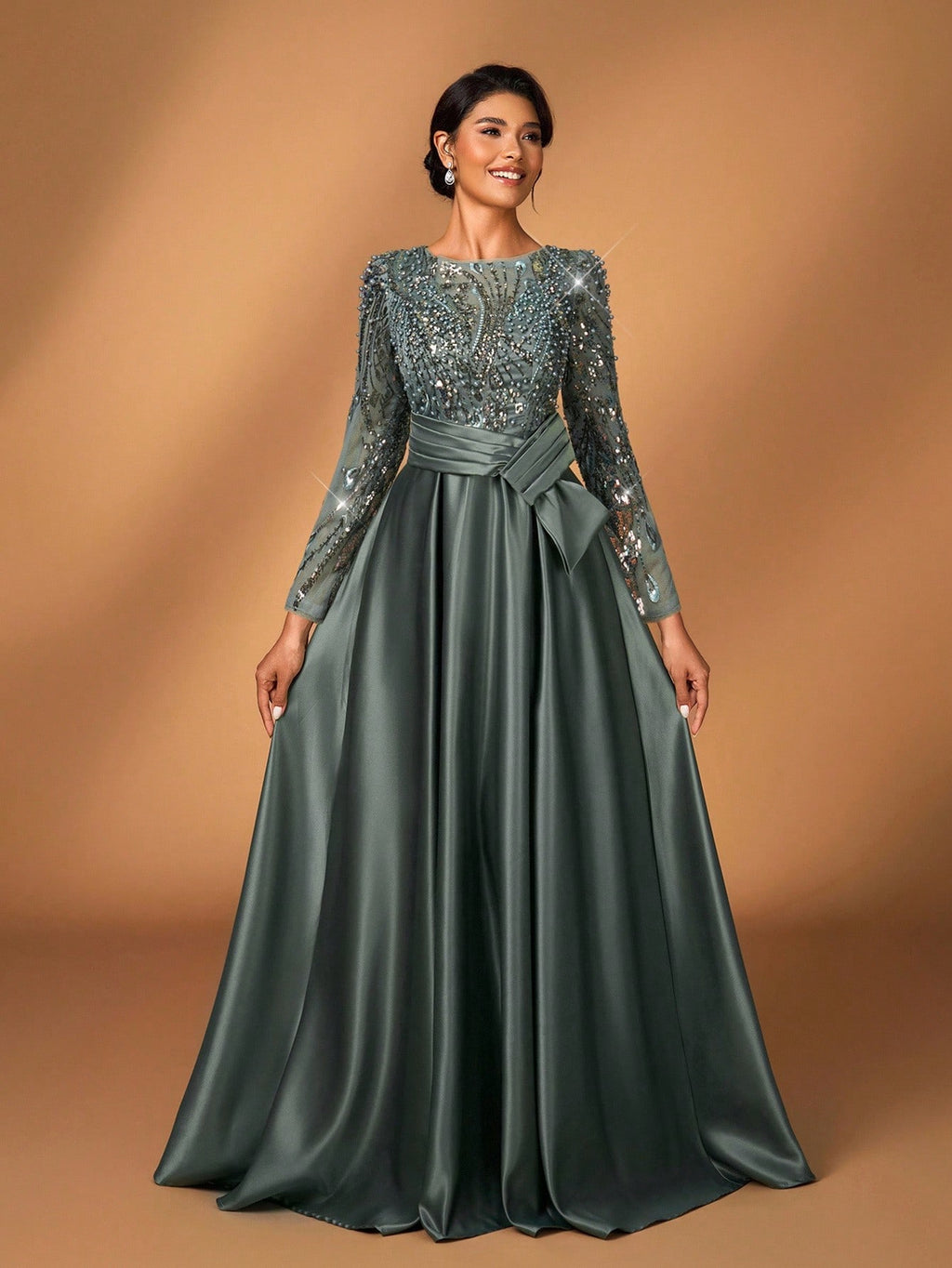 Serin Elegant Luxurious Rosegold Sheer Long Sleeve Embroidered Lace Floral Pearl Bow Flared Winter Formal - image 2
