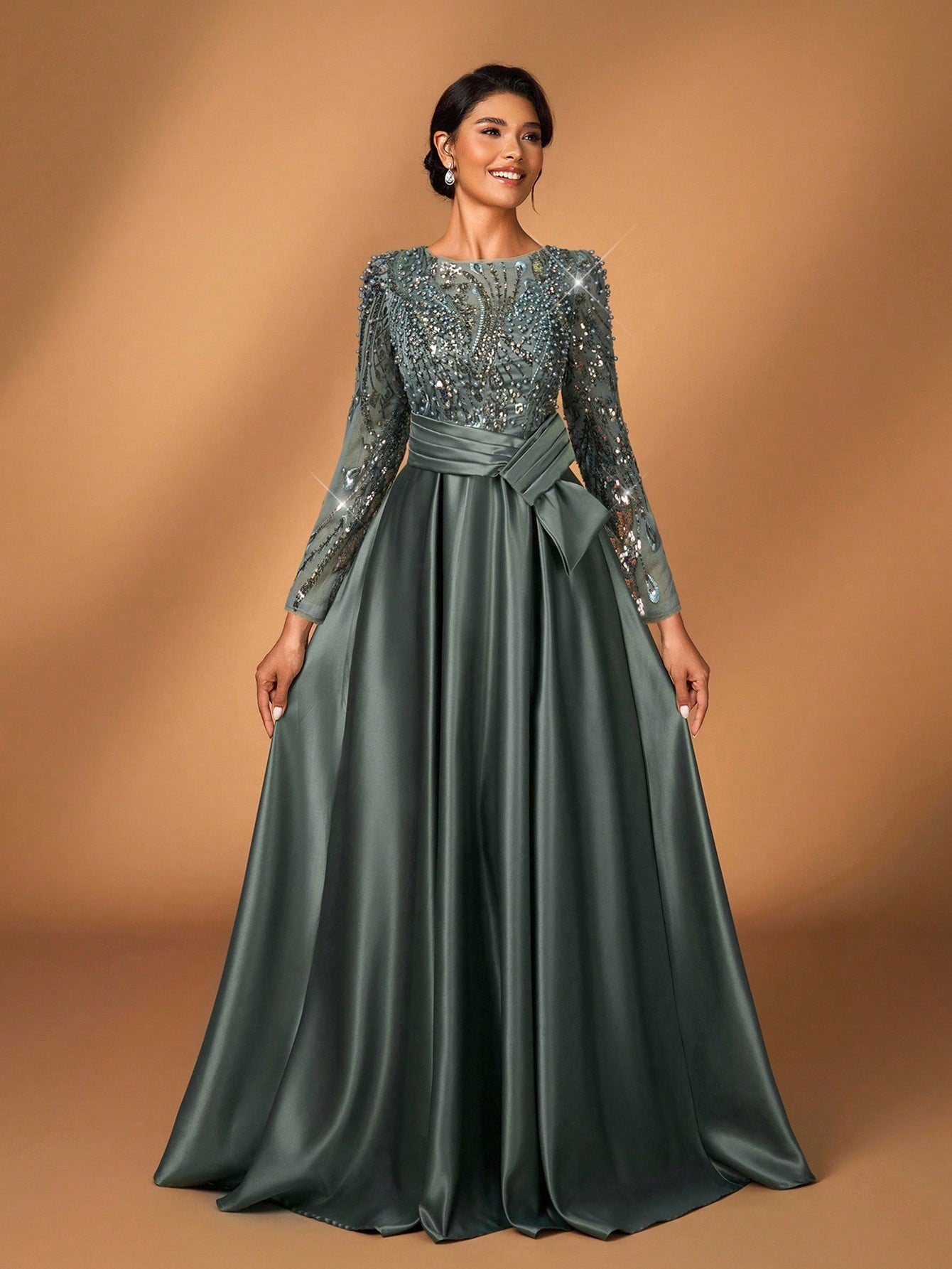Serin Elegant Luxurious Rosegold Sheer Long Sleeve Embroidered Lace Floral Pearl Bow Flared Winter Formal - image 2