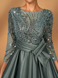 Serin Elegant Luxurious Rosegold Sheer Long Sleeve Embroidered Lace Floral Pearl Bow Flared Winter Formal