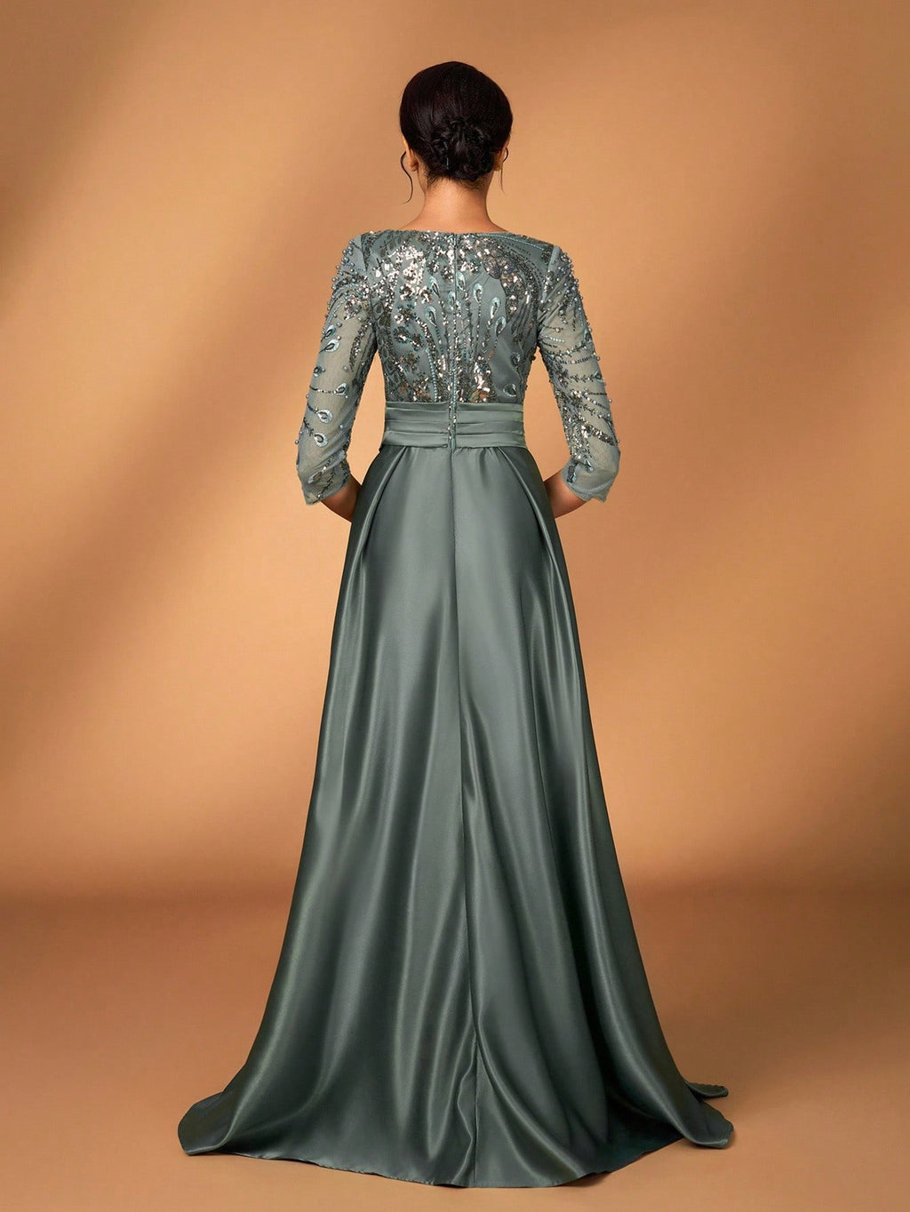 Serin Elegant Luxurious Rosegold Sheer Long Sleeve Embroidered Lace Floral Pearl Bow Flared Winter Formal - image 3