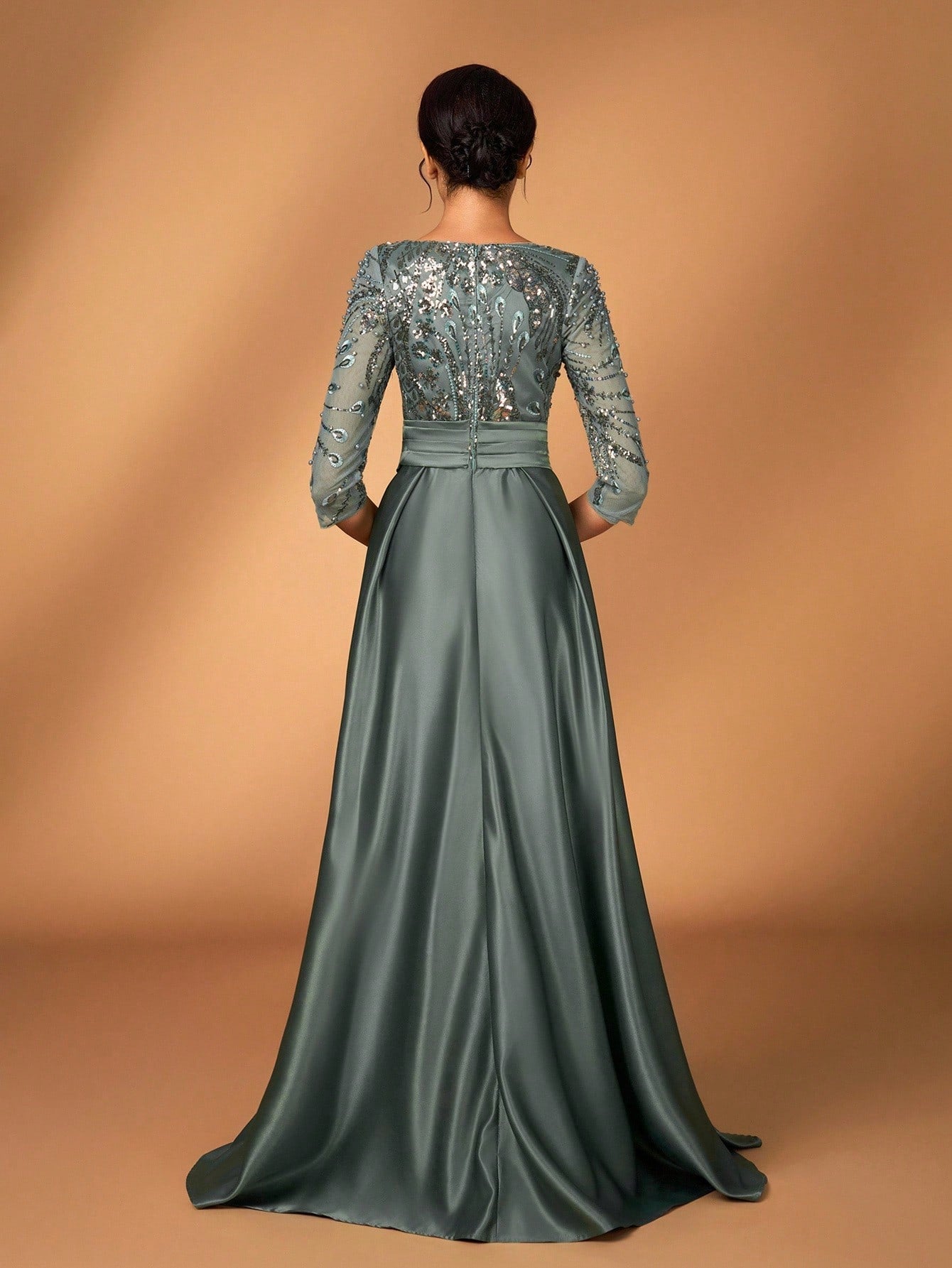 Serin Elegant Luxurious Rosegold Sheer Long Sleeve Embroidered Lace Floral Pearl Bow Flared Winter Formal - image 3