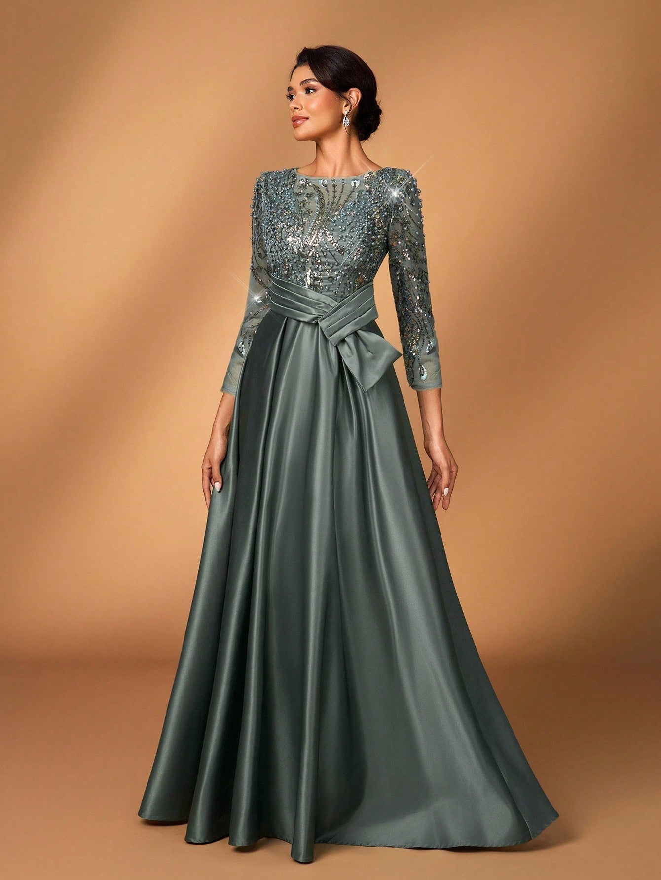 Serin Elegant Luxurious Rosegold Sheer Long Sleeve Embroidered Lace Floral Pearl Bow Flared Winter Formal - image 4