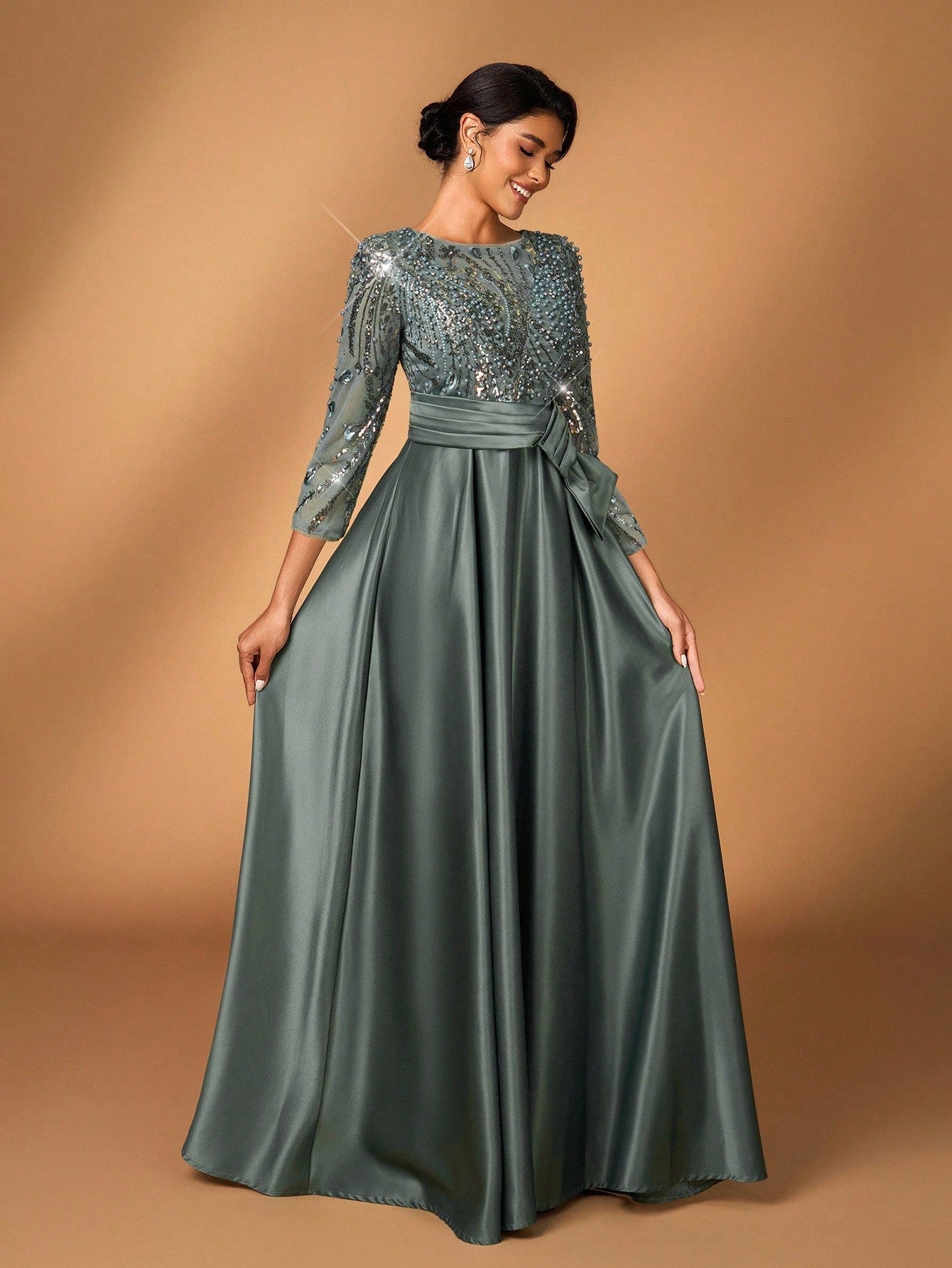 Serin Elegant Luxurious Rosegold Sheer Long Sleeve Embroidered Lace Floral Pearl Bow Flared Winter Formal - image 5