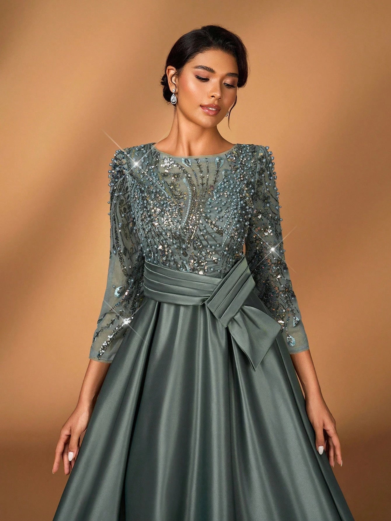 Serin Elegant Luxurious Rosegold Sheer Long Sleeve Embroidered Lace Floral Pearl Bow Flared Winter Formal - image 6